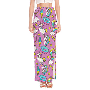 Pink Girly Unicorn Donut Pattern Print High Slit Maxi Skirt