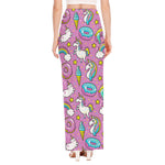 Pink Girly Unicorn Donut Pattern Print High Slit Maxi Skirt