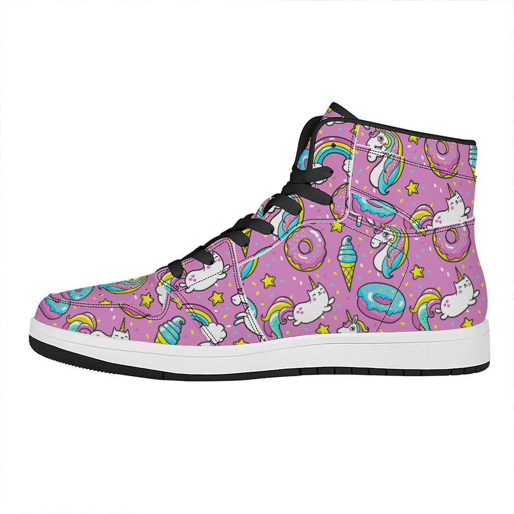 Pink Girly Unicorn Donut Pattern Print High Top Leather Sneakers