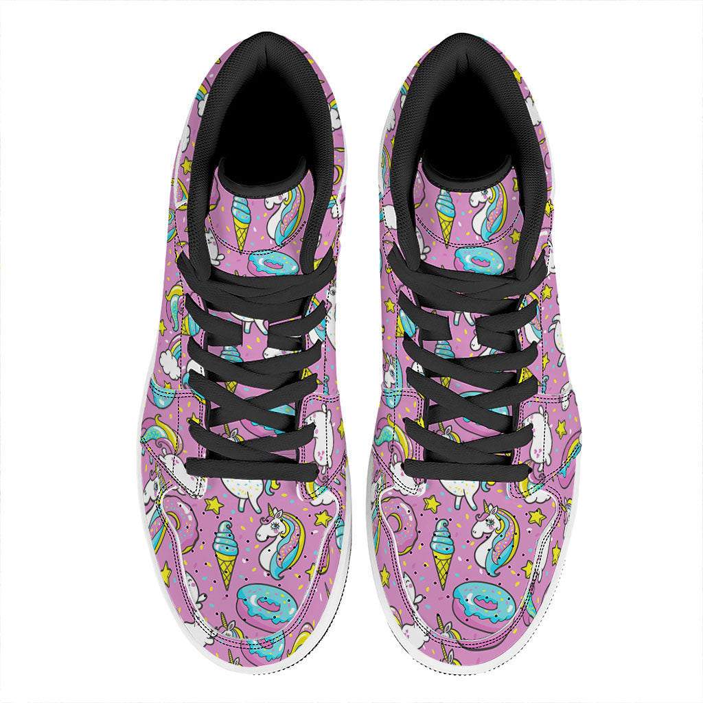 Pink Girly Unicorn Donut Pattern Print High Top Leather Sneakers