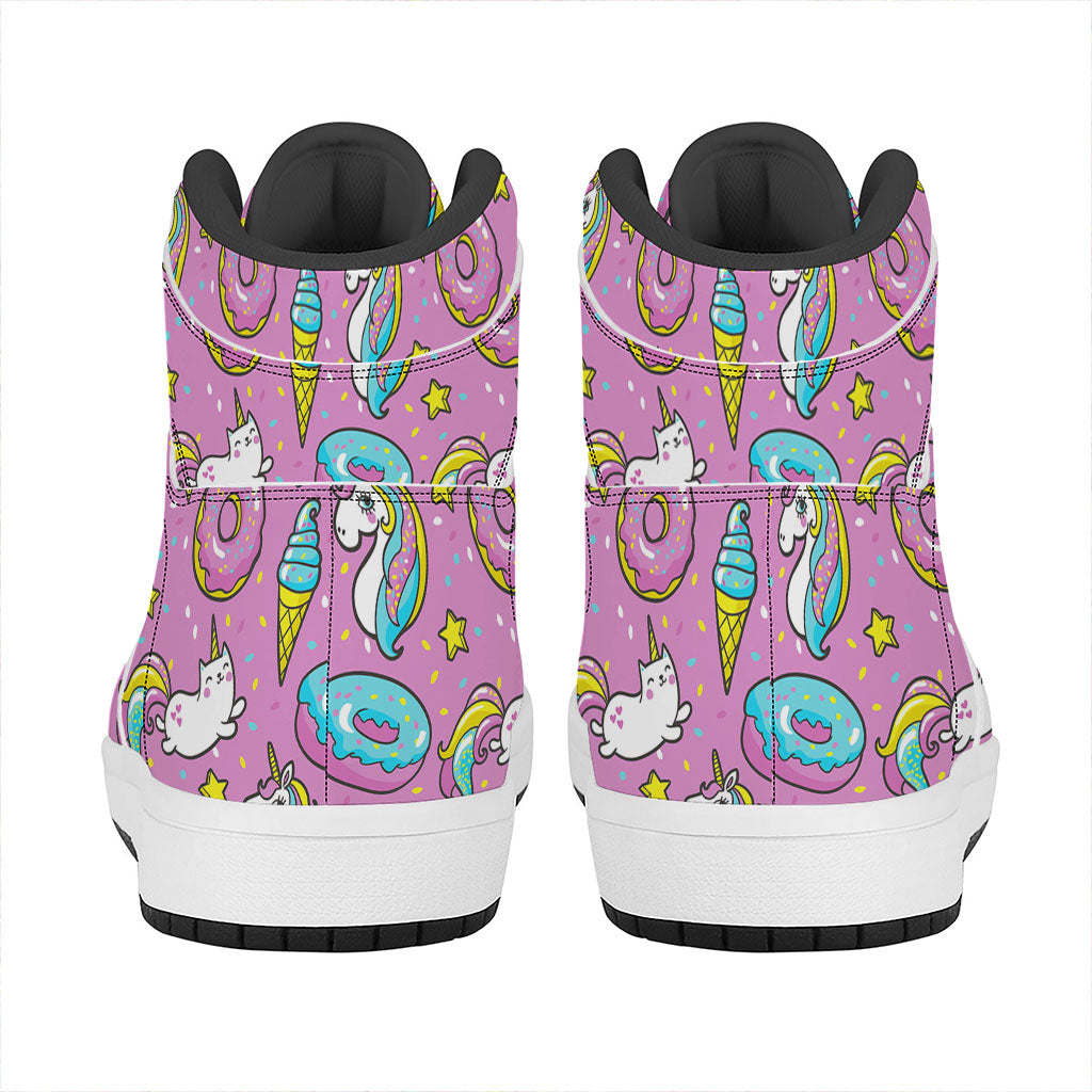 Pink Girly Unicorn Donut Pattern Print High Top Leather Sneakers