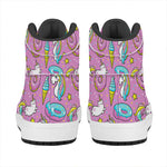 Pink Girly Unicorn Donut Pattern Print High Top Leather Sneakers