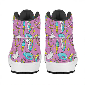 Pink Girly Unicorn Donut Pattern Print High Top Leather Sneakers