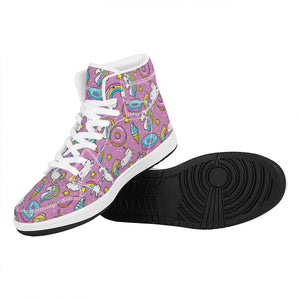 Pink Girly Unicorn Donut Pattern Print High Top Leather Sneakers