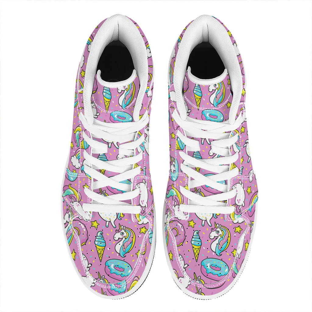 Pink Girly Unicorn Donut Pattern Print High Top Leather Sneakers