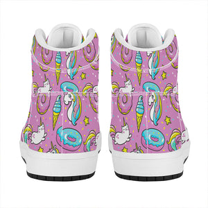 Pink Girly Unicorn Donut Pattern Print High Top Leather Sneakers