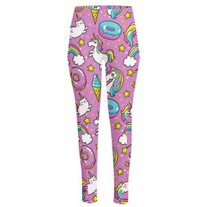 Pink Girly Unicorn Donut Pattern Print High-Waisted Pocket Leggings