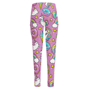 Pink Girly Unicorn Donut Pattern Print High-Waisted Pocket Leggings