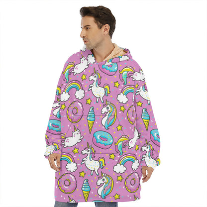 Pink Girly Unicorn Donut Pattern Print Hoodie Blanket