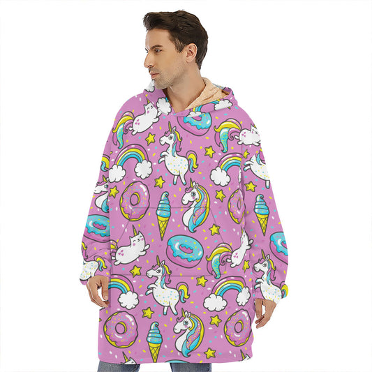 Pink Girly Unicorn Donut Pattern Print Hoodie Blanket