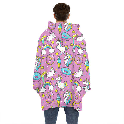 Pink Girly Unicorn Donut Pattern Print Hoodie Blanket