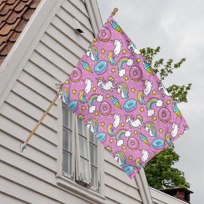 Pink Girly Unicorn Donut Pattern Print House Flag