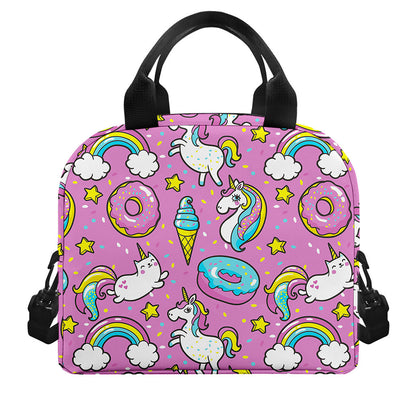 Pink Girly Unicorn Donut Pattern Print Insulated Lunch Bag