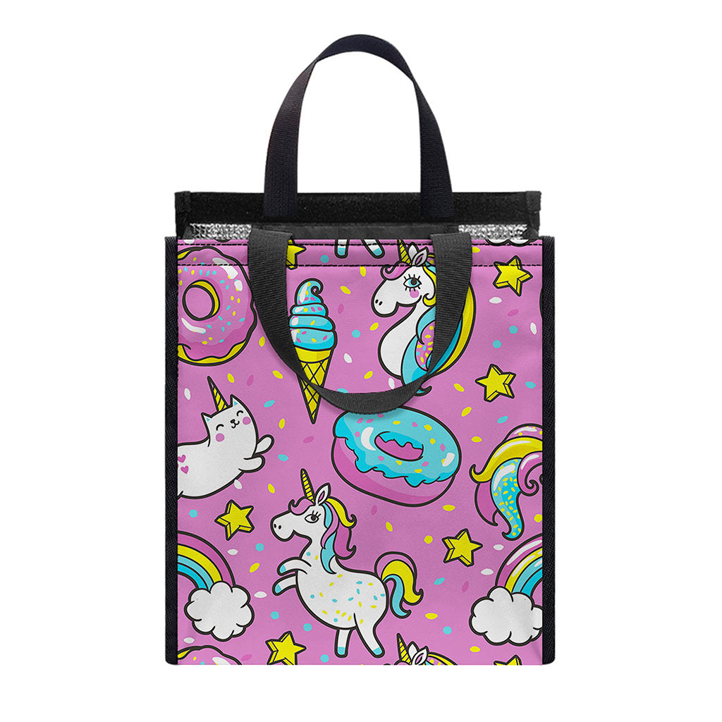 Pink Girly Unicorn Donut Pattern Print Insulated Lunch Tote