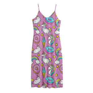 Pink Girly Unicorn Donut Pattern Print Jersey Midi Cami Dress