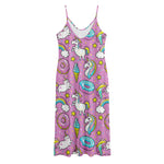 Pink Girly Unicorn Donut Pattern Print Jersey Midi Cami Dress