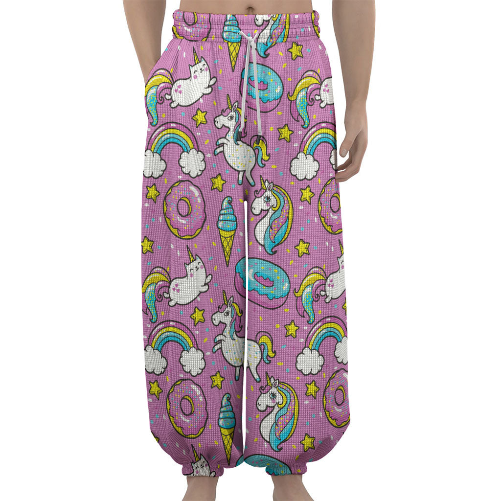 Pink Girly Unicorn Donut Pattern Print Lantern Pants