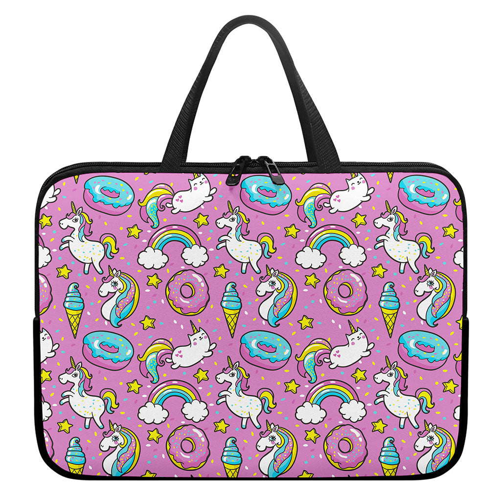Pink Girly Unicorn Donut Pattern Print Laptop Sleeve With Handle