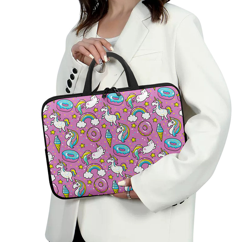 Pink Girly Unicorn Donut Pattern Print Laptop Sleeve With Handle