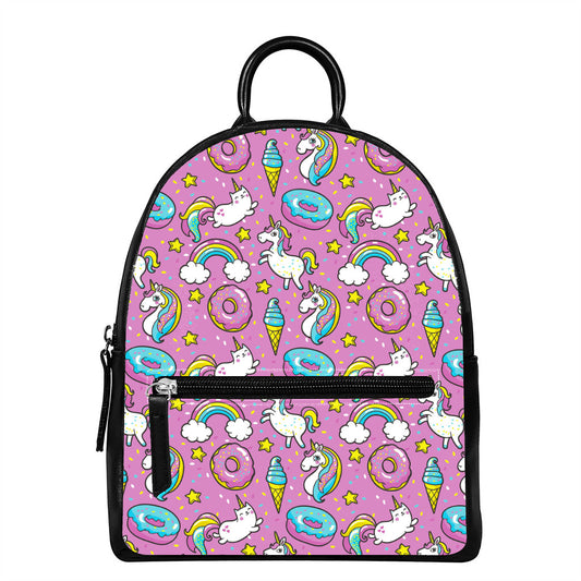 Pink Girly Unicorn Donut Pattern Print Leather Backpack