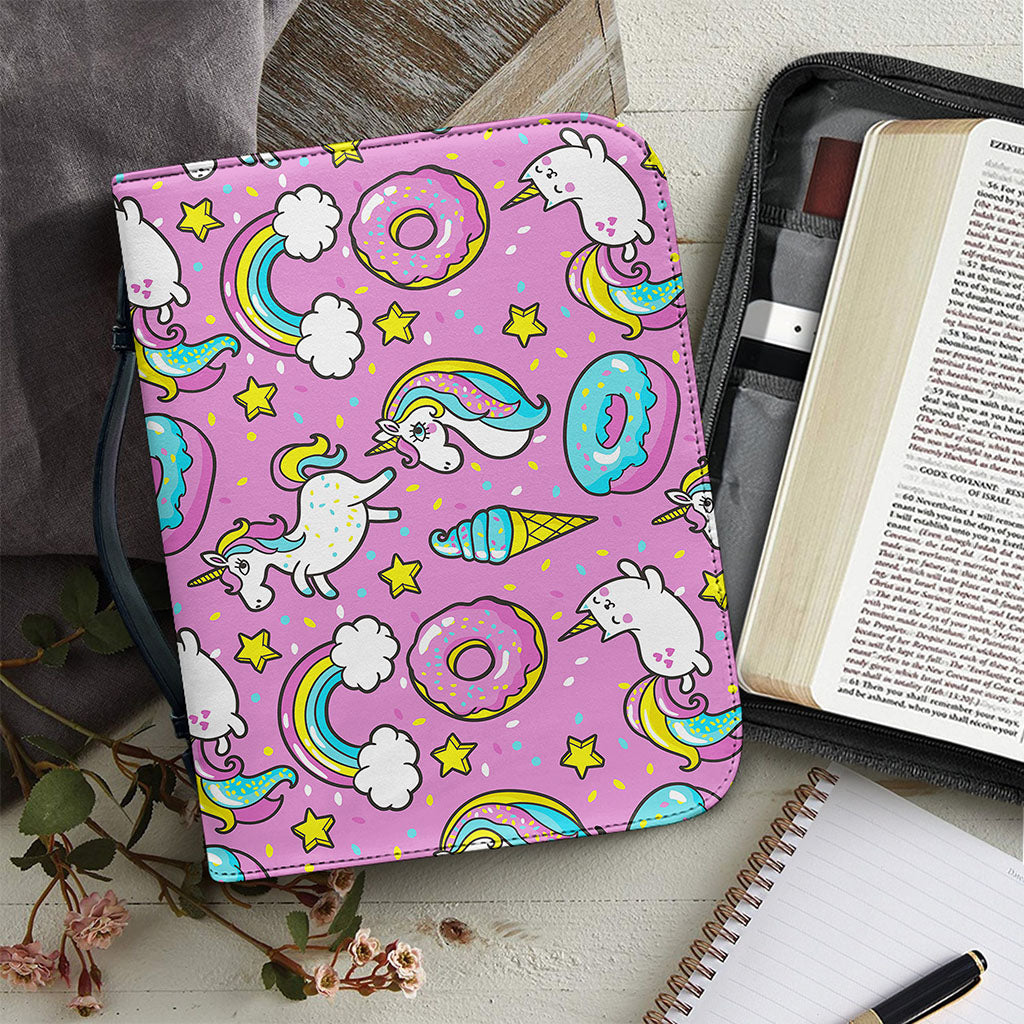 Pink Girly Unicorn Donut Pattern Print Leather Bible Cover