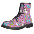 Pink Girly Unicorn Donut Pattern Print Lace-Up Boots
