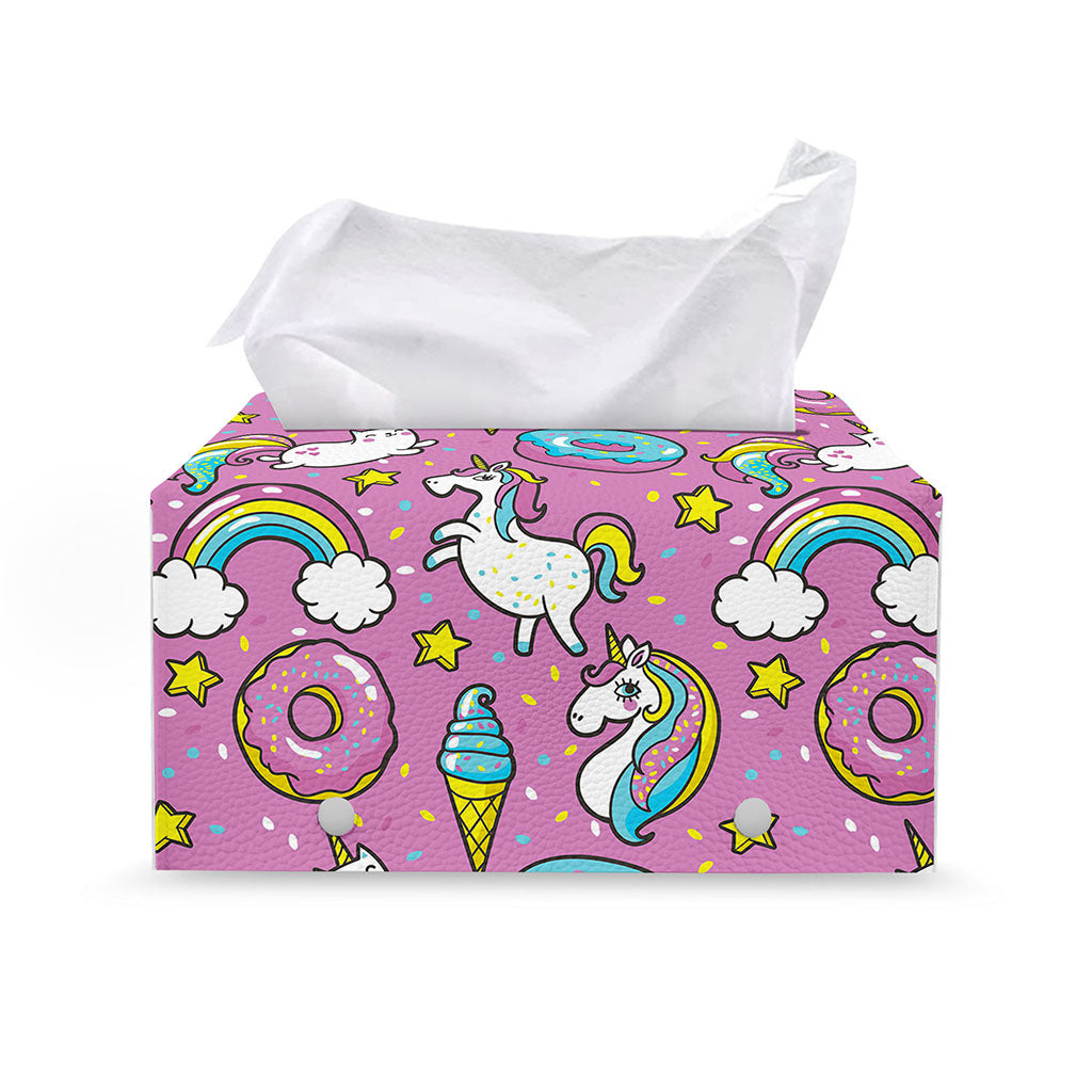 Pink Girly Unicorn Donut Pattern Print Leather Tissue Box Cover