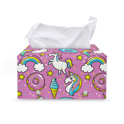 Pink Girly Unicorn Donut Pattern Print Leather Tissue Box Cover