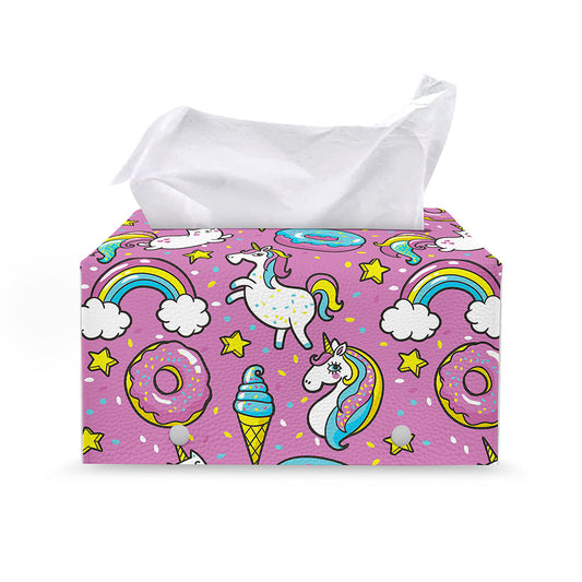 Pink Girly Unicorn Donut Pattern Print Leather Tissue Box Cover
