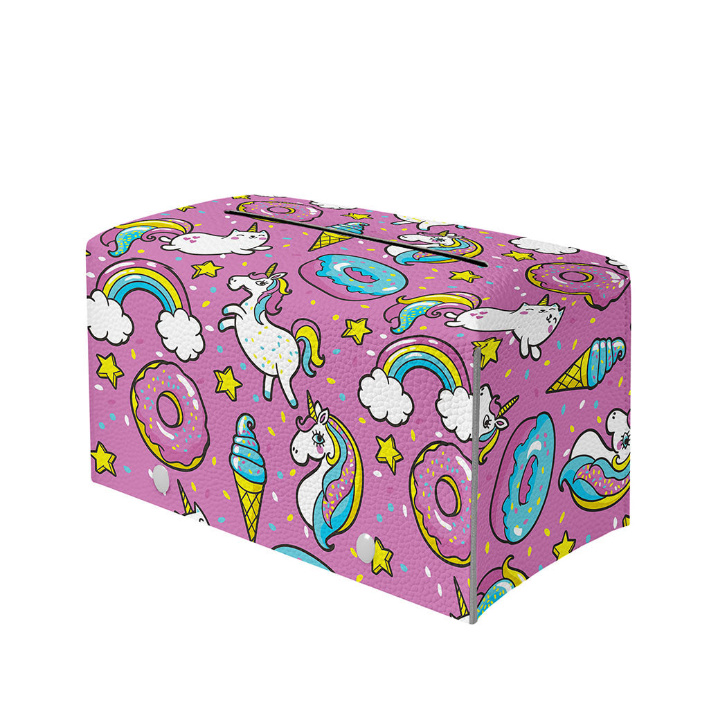 Pink Girly Unicorn Donut Pattern Print Leather Tissue Box Cover