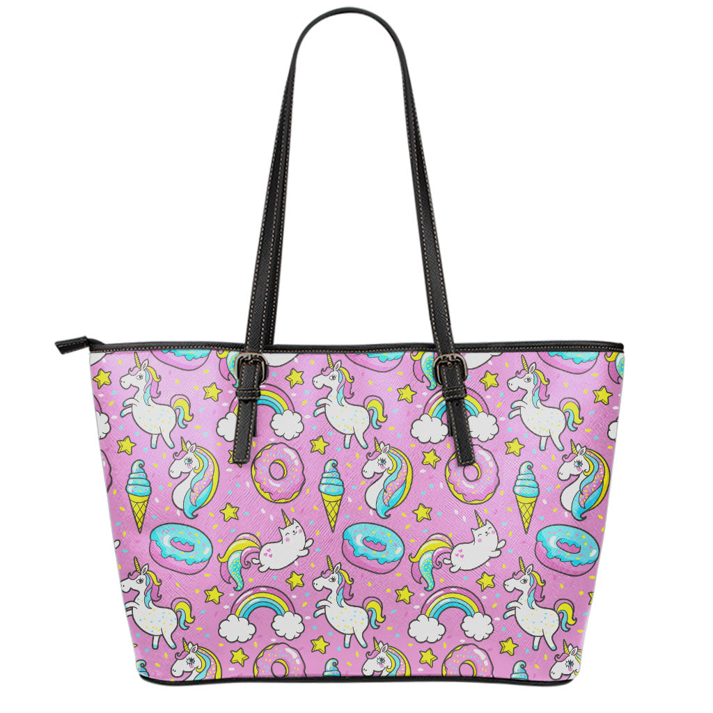 Pink Girly Unicorn Donut Pattern Print Leather Tote Bag
