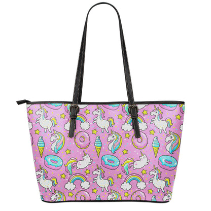 Pink Girly Unicorn Donut Pattern Print Leather Tote Bag