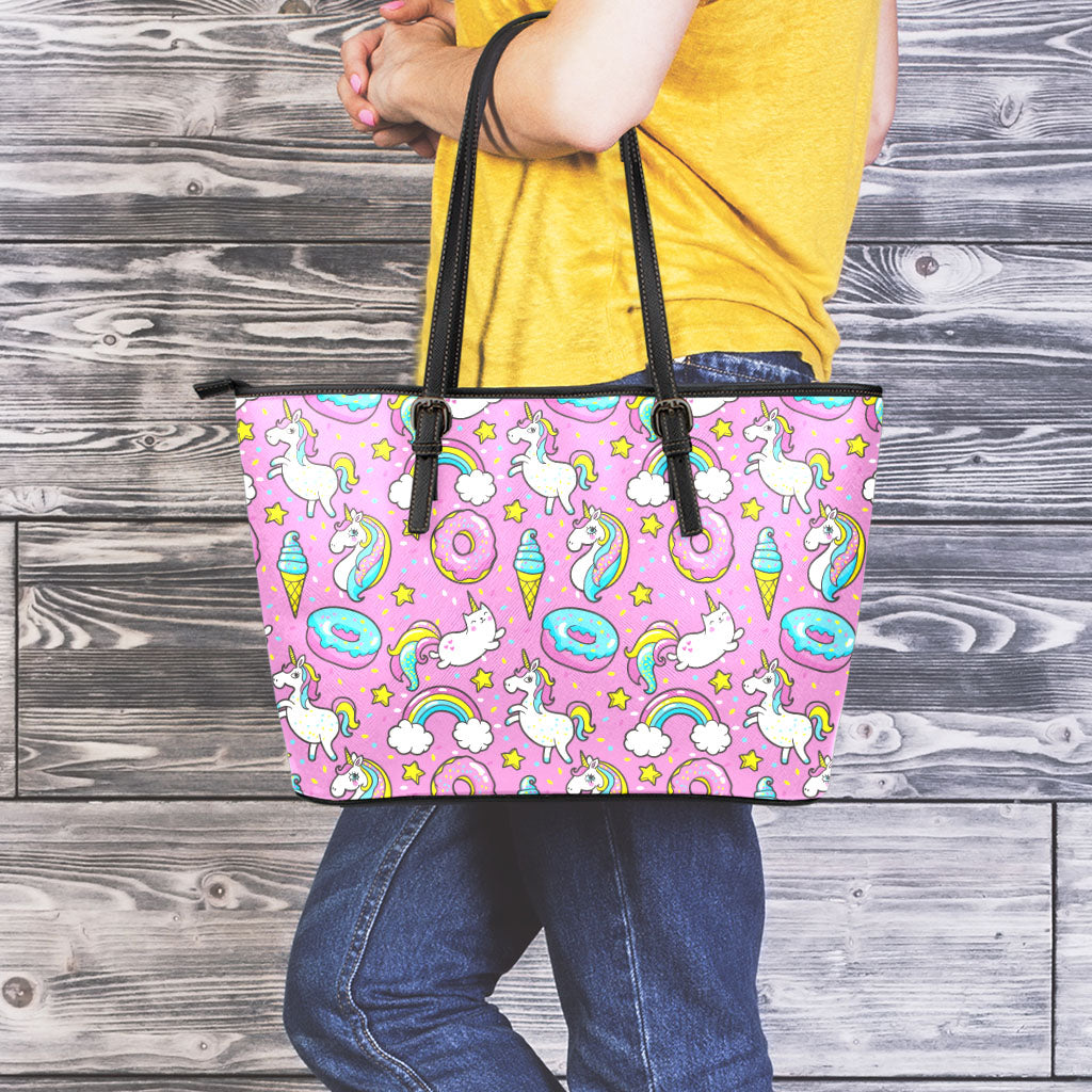 Pink Girly Unicorn Donut Pattern Print Leather Tote Bag