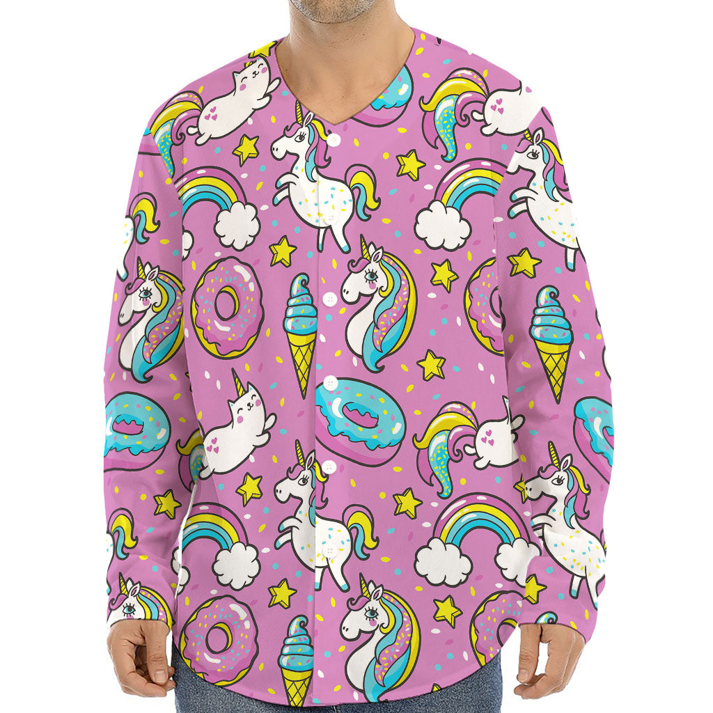 Pink Girly Unicorn Donut Pattern Print Long Sleeve Baseball Jersey