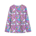 Pink Girly Unicorn Donut Pattern Print Long Sleeve Short Coat