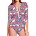 Pink Girly Unicorn Donut Pattern Print Long Sleeve Swimsuit