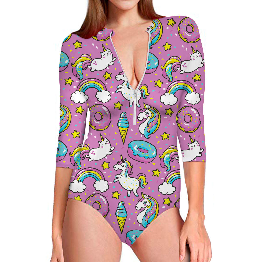 Pink Girly Unicorn Donut Pattern Print Long Sleeve Swimsuit