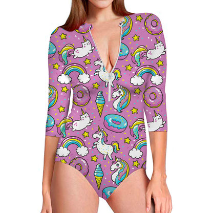 Pink Girly Unicorn Donut Pattern Print Long Sleeve Swimsuit
