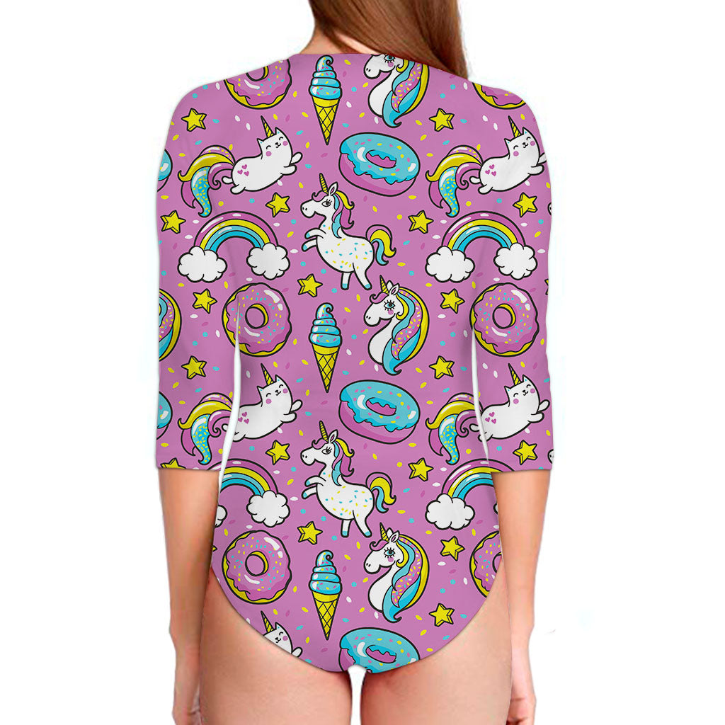 Pink Girly Unicorn Donut Pattern Print Long Sleeve Swimsuit