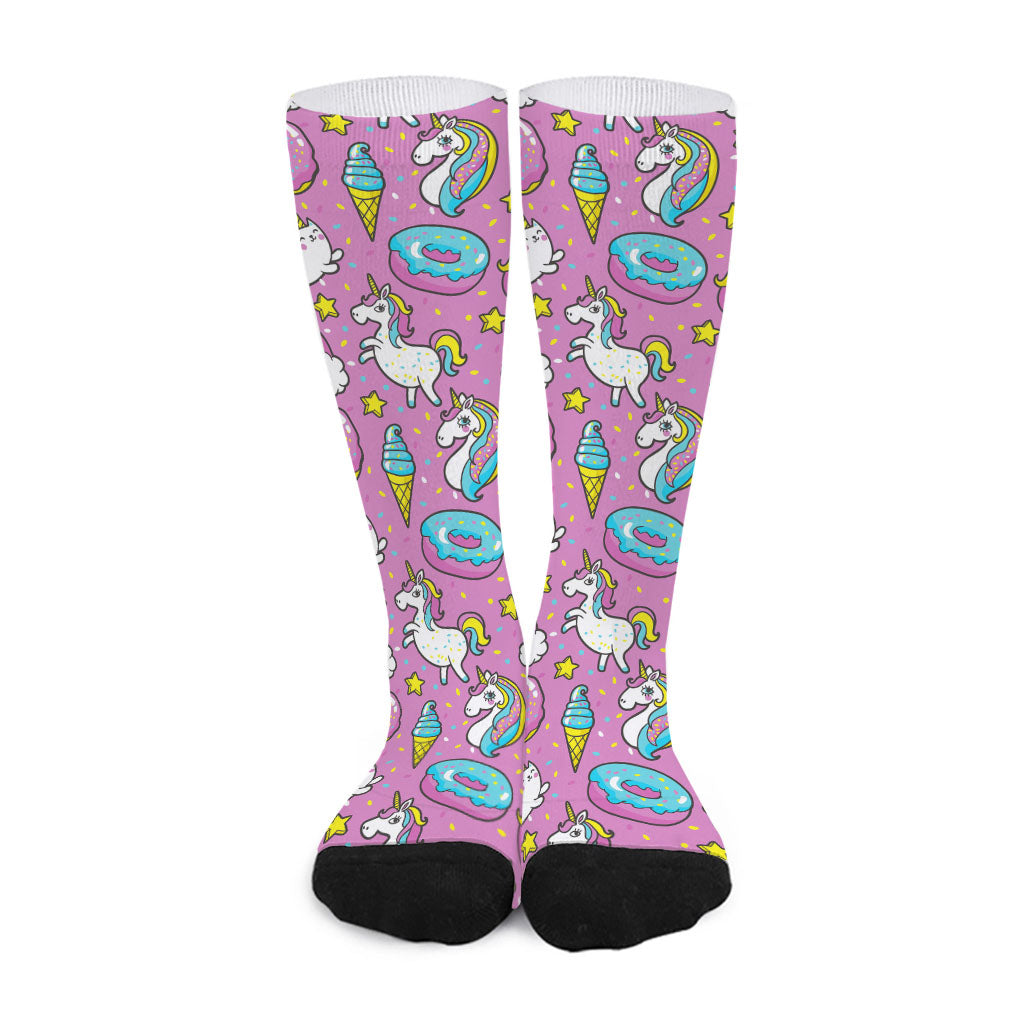 Pink Girly Unicorn Donut Pattern Print Long Socks