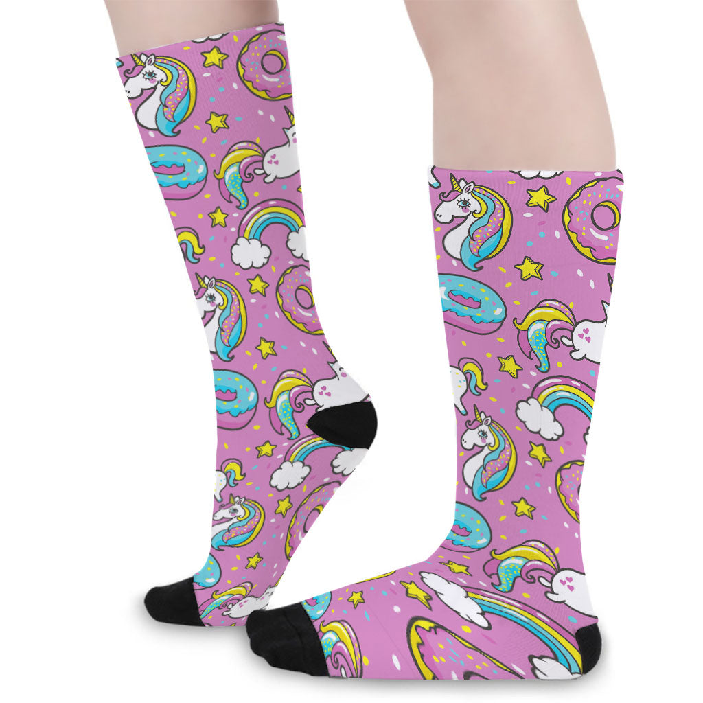 Pink Girly Unicorn Donut Pattern Print Long Socks