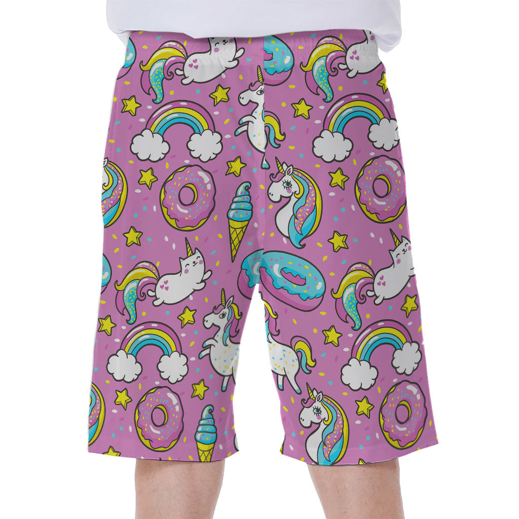 Pink Girly Unicorn Donut Pattern Print Men's Beach Shorts