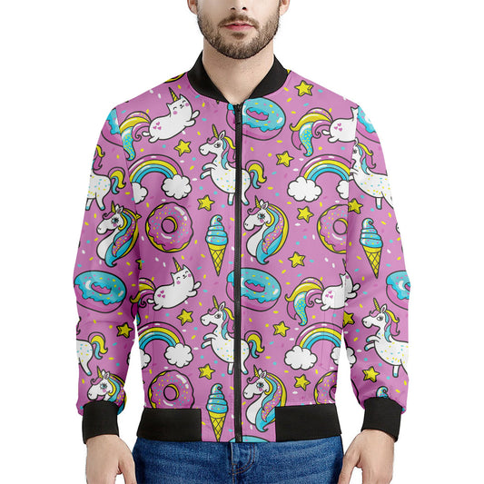 Pink Girly Unicorn Donut Pattern Print Men's Bomber Jacket