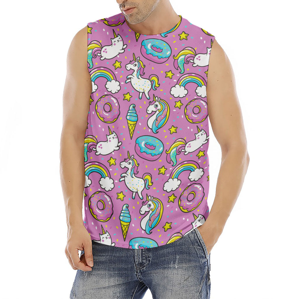 Pink Girly Unicorn Donut Pattern Print Men's Fitness Tank Top