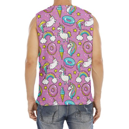 Pink Girly Unicorn Donut Pattern Print Men's Fitness Tank Top