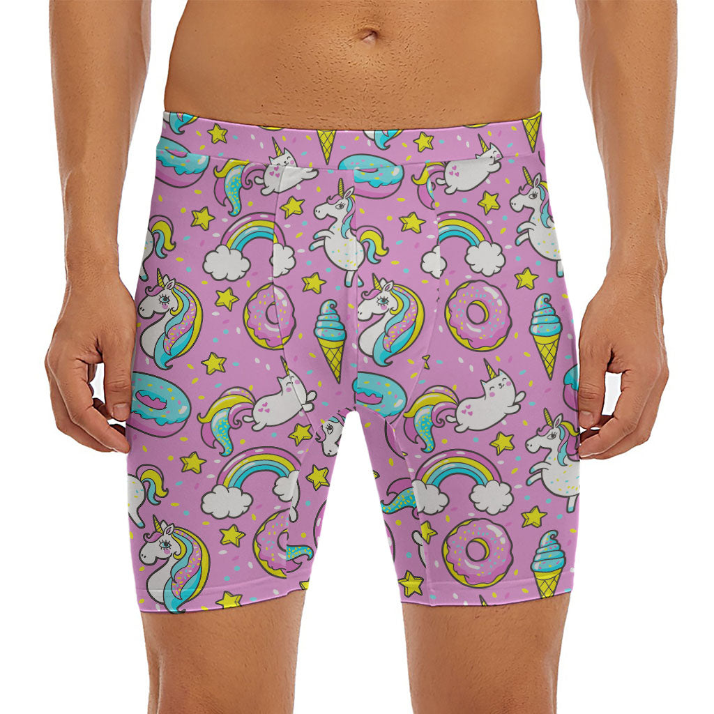 Pink Girly Unicorn Donut Pattern Print Men's Long Boxer Briefs