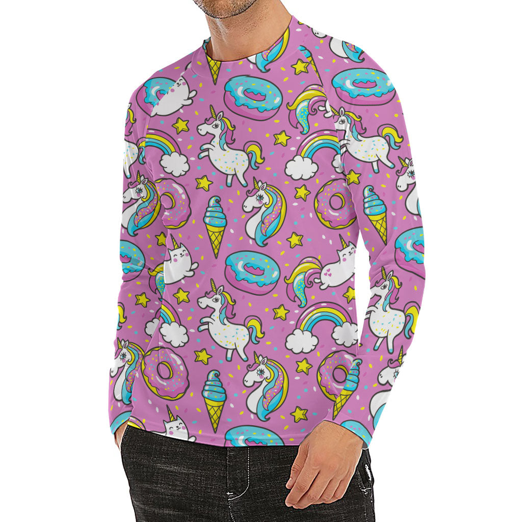 Pink Girly Unicorn Donut Pattern Print Men's Long Sleeve Rash Guard