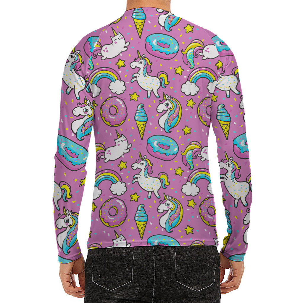 Pink Girly Unicorn Donut Pattern Print Men's Long Sleeve Rash Guard