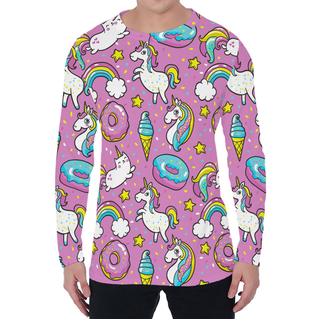 Pink Girly Unicorn Donut Pattern Print Men's Long Sleeve T-Shirt