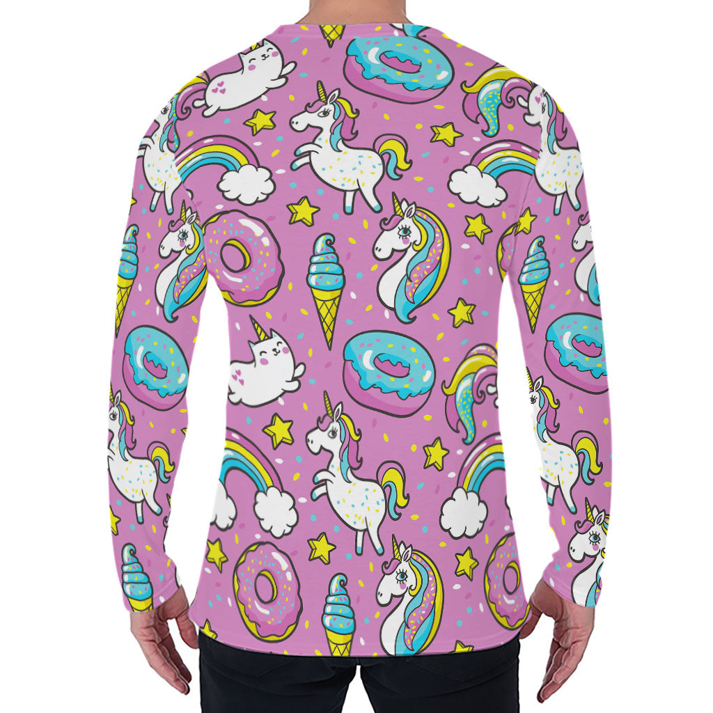 Pink Girly Unicorn Donut Pattern Print Men's Long Sleeve T-Shirt